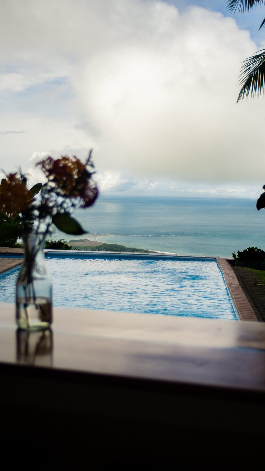 Flowers in a glass bottle framing the pool and ocean view