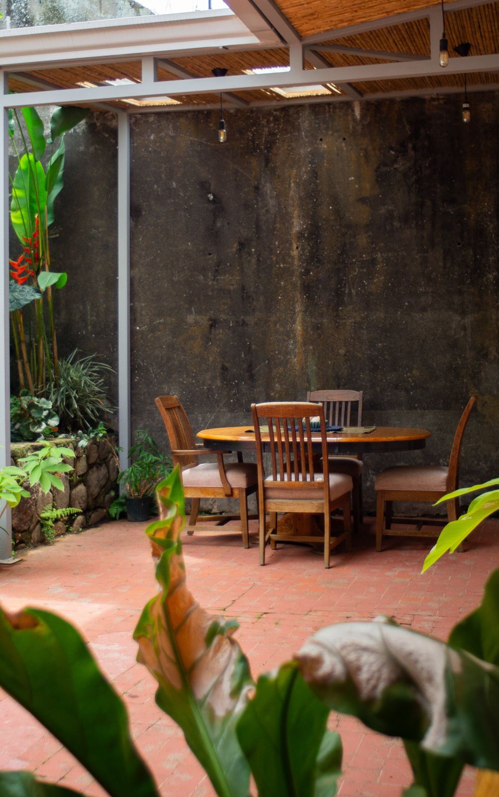 Courtyard dining table under a bamboo pergola with tropical plants